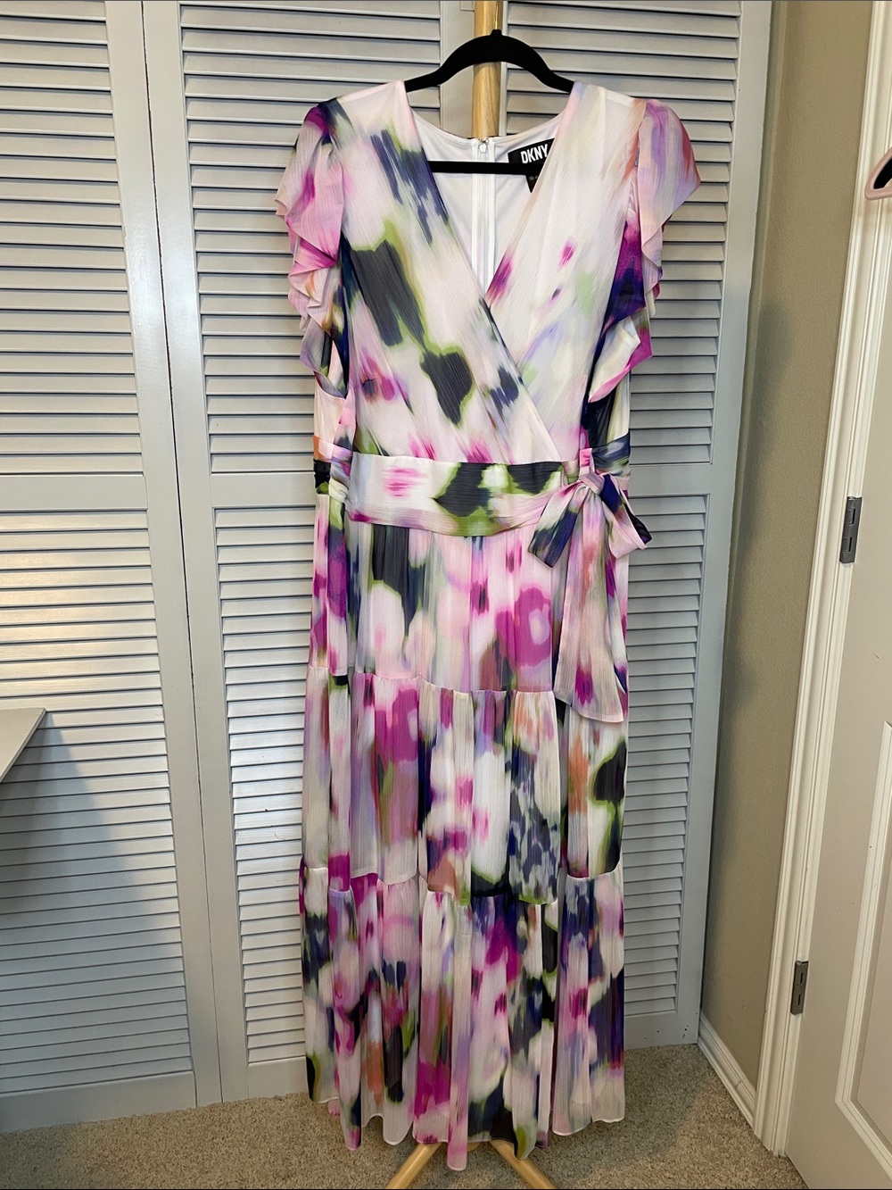 DKNY Pink, Green & Purple Watercolor Wrap Maxi Dress